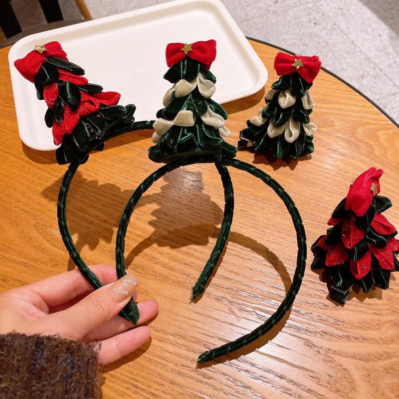 Children's Christmas Headband with Plush Bow and Cute Tree Hair Clip