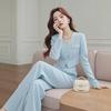 Women's Light Luxury Two-Piece Suit: Blue Short Coat & Wide-Leg Pants