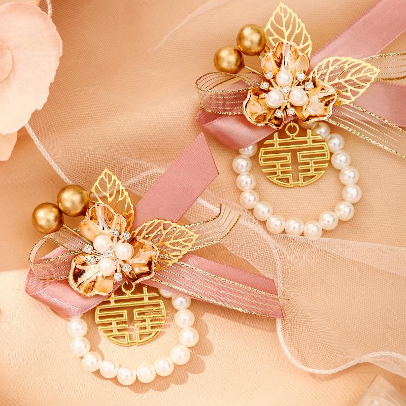 Brățară Exquisită pentru Domnișoare de Onoare cu Flori Artificiale, Panglică Dulce de Nuntă, Fundă cu Perle, Flori de Mână pentru Mireasă, Accesorii de Petrecere, Bal de Promovare, Cadouri