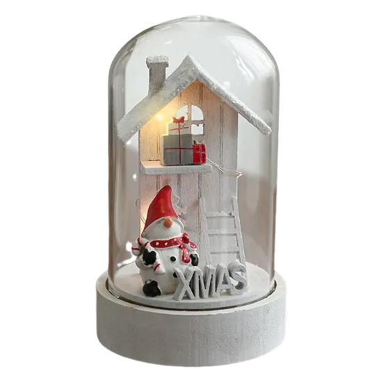 Christmas Dome Glass Ornament LED Light Up Reindeer Christmas Tree Little Church in Cloche Tabletop Decoration for Indoor Room Desktop Decor