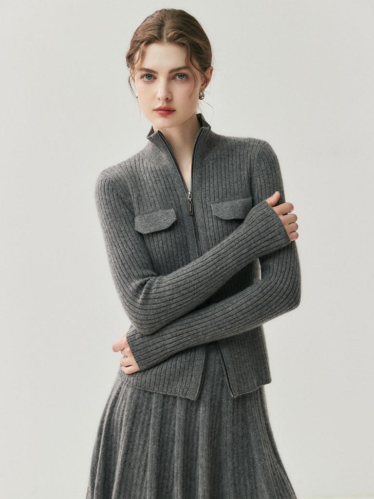 Korean Style Women's Cashmere Knit Cardigan - Slim Fit with Zipper Lapel and Long Sleeves for Versatile Wear