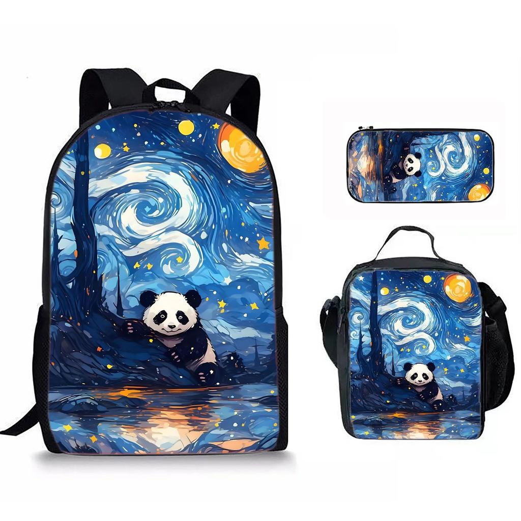 Starry Sky Oil Painting Animal 3D Print 3pcs/Set Pupil School Bags Laptop Daypack Backpack Crossbody Lunch Bag Pencil Case