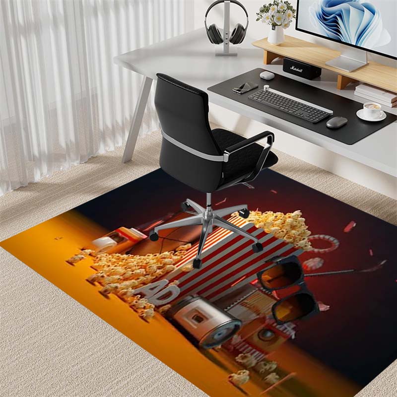 Vintage Cinema Popcorn Drink Glasses Print Area Rug Movie Theme Non‑Slip Rectangular Floor Mat Game Room Living Bedroom Home Decor Rug