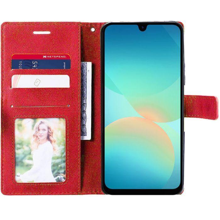 Case + 2 Tempered Glasses for Samsung Galaxy A27 5G, Flip Case 360 Degree Protection PU Leather - Red