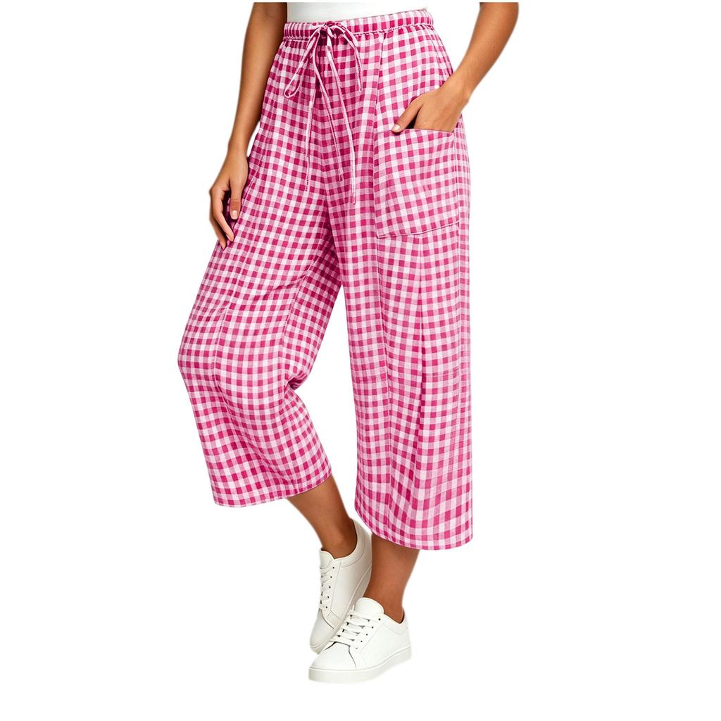 Women Loose Fit Plaid Wide Leg Pants with Drawstring Waist and Large Pockets Fashion Casual Trousers for Daily Wear