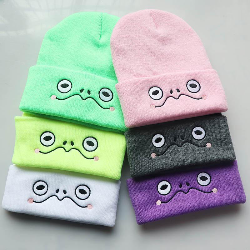 New men's and women's autumn and winter trendy cartoon beanie with sad frog eyes embroidery, warm knitted pullover hat