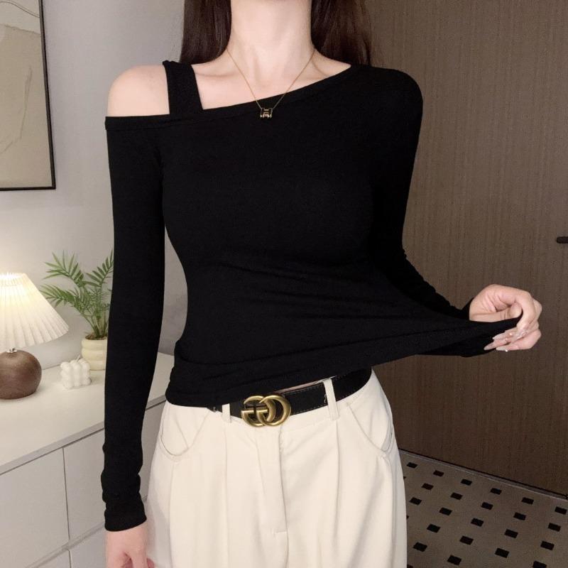 

Spring Autumn One World Collar Sexy Off the Shoulder Tee Women Long Sleeve Casual All-match Pullover T-shirt Top S чёрный