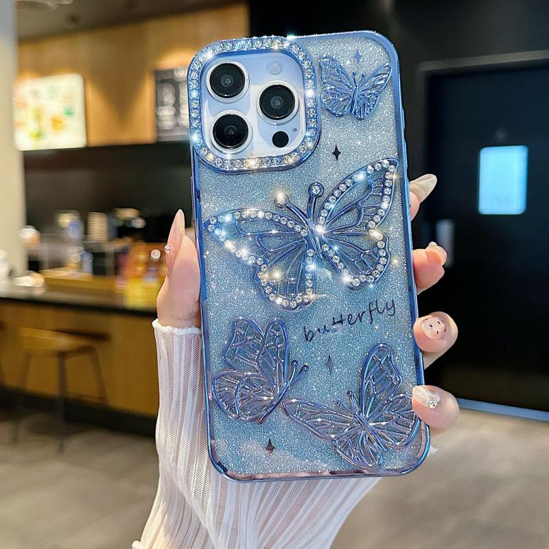 Butterfly Diamond Soft Rubber Phone Case for iPhone 15/16 Pro Max Full Coverage