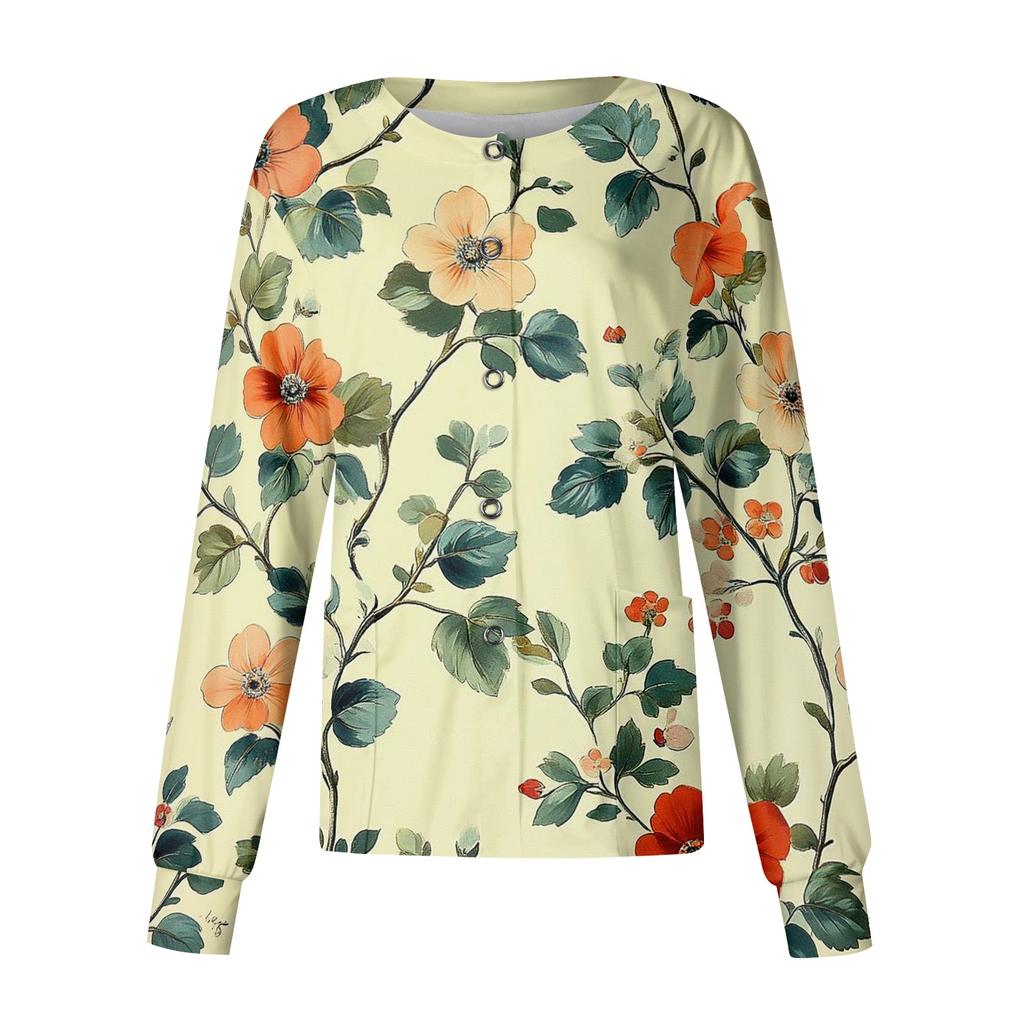 Women Long Sleeve Casual Cardigan Floral Print Button Front Lightweight Open Front Workwear Top