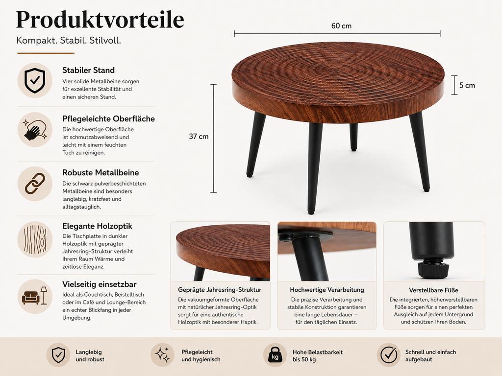 Tavolino da Caffè Rotondo in Legno Scuro con Piano Spesso 5 cm con Anelli Annuali, e Gambe in Metallo Nero; Ideale per Soggiorni Piccoli