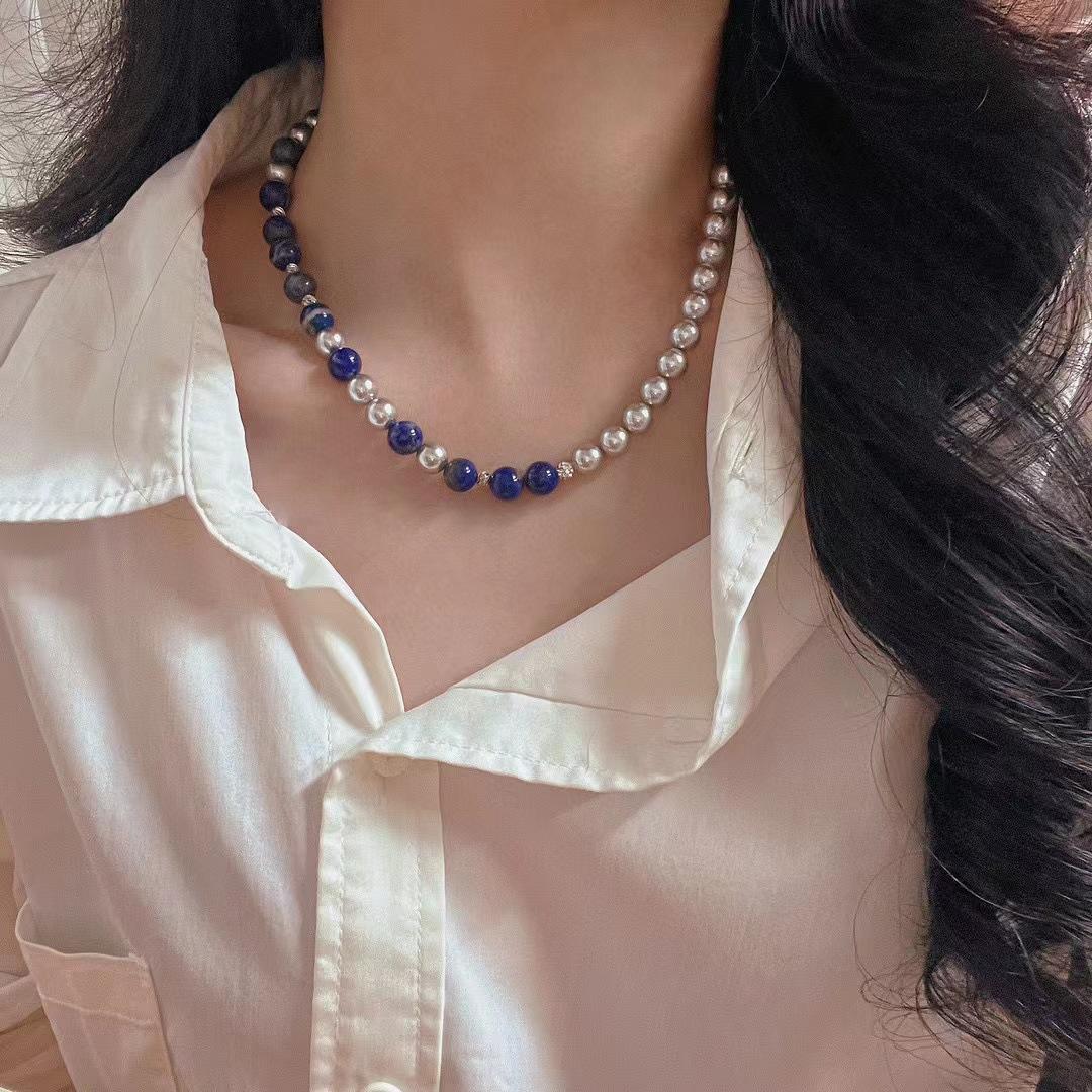 National Style Platinum Gray Imitation Aobai Shijia Round Pearl Natural Lapis Lazuli Collarbone Chain Neck Chain Necklace