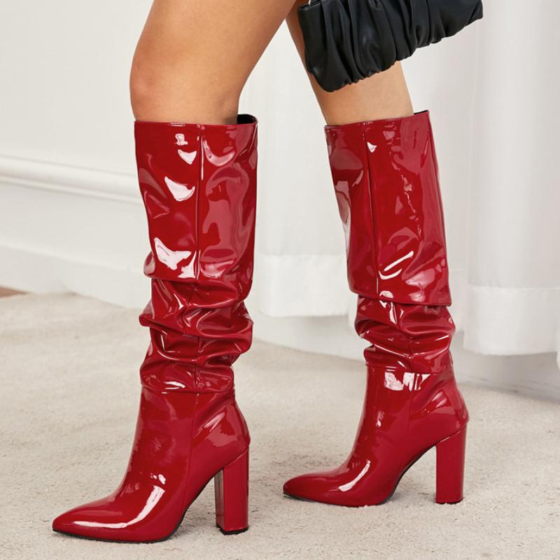 Fashion 2025 Patent Leather Pointed Chelsea Women Knee Long Boots Spring Autumn Fashion Pleated Solid Color Panel Thick Heel Boots