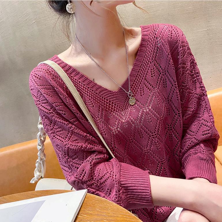 Women's's Thin Spring Loose Bat Shirt Short Top V-neck Hook Flower Hollow Knitted Sweate Crocheted Hollow Knitted Three-quarter Sleeve Blouse