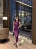 Purple Sleeveless Mermaid Dress: Slim-Fit, Waist-Cinched, Hip-Hugging with Slit Skirt.