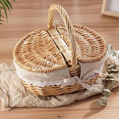 Wicker Picnic Basket With Lid Handle Picnic Hamper Handmade Willow Woven Storage Hamper Outdoor Camping Fruit Basket Container
