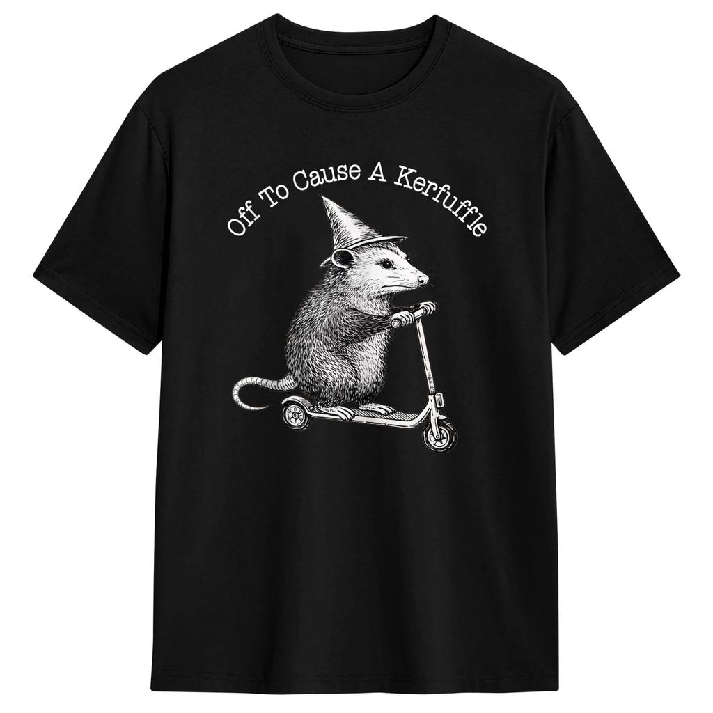 Unisex Women TShirt Off to Cause A Kerfuffle Funny Opossum Riding Scooter T Shirts Leisure Summer Tees Vintage Cotton Clothes