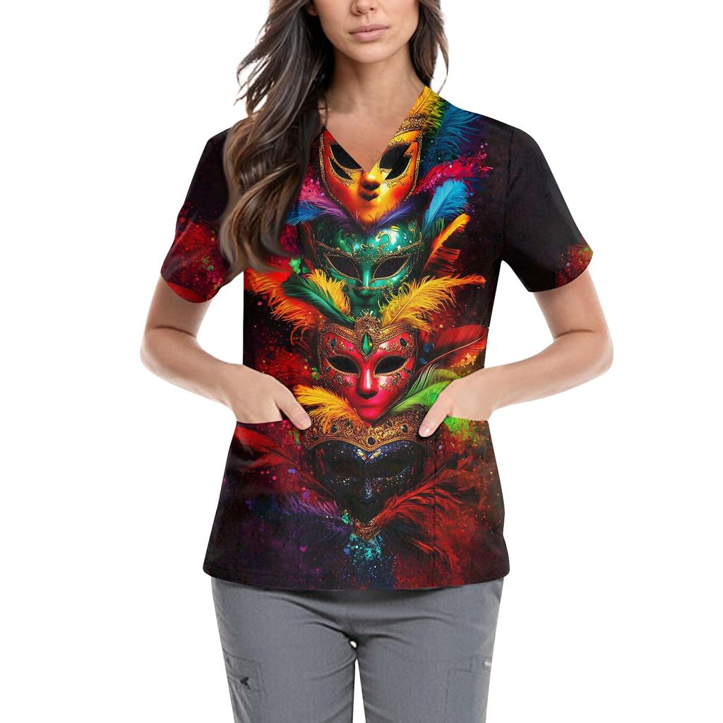 Women's  Carnival Themed Outfit Party Mask Pattern Caregiver Top