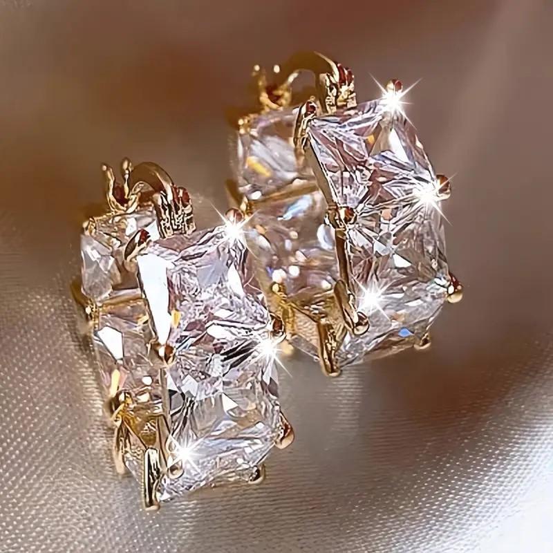Golden Plated Cubic Zirconia Drop Hoop Earrings for Women Luxurious Fashion Huggies Party Jewelry Gifts