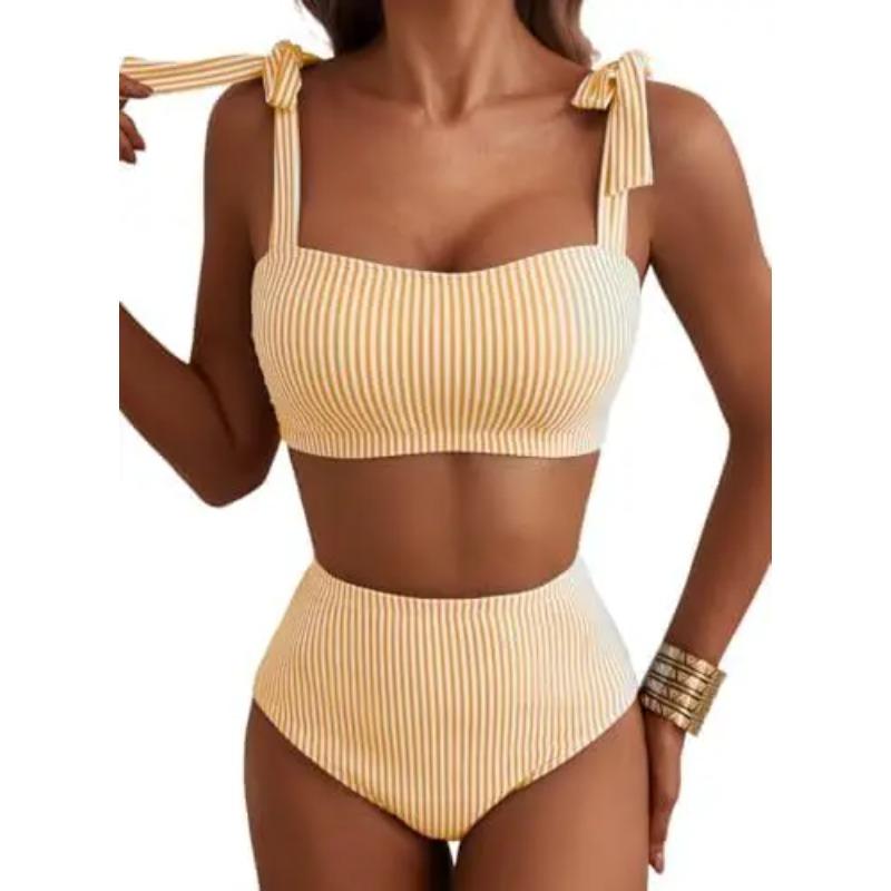 Women Two-piece Halter Vest Swimwear Sexy Striped Ruffle High Waisted Bikinis Set Female Bathing Suit Tie Strap Beachwear