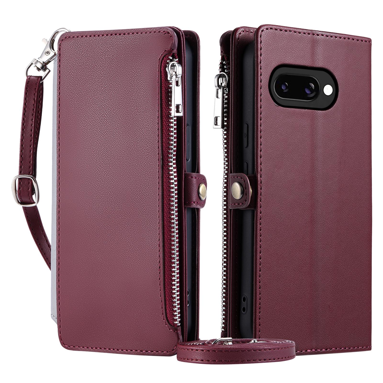

015 Style For Google Pixel 9a Case TPU+PU Leather Wallet Phone Cover with Straps Wine Red