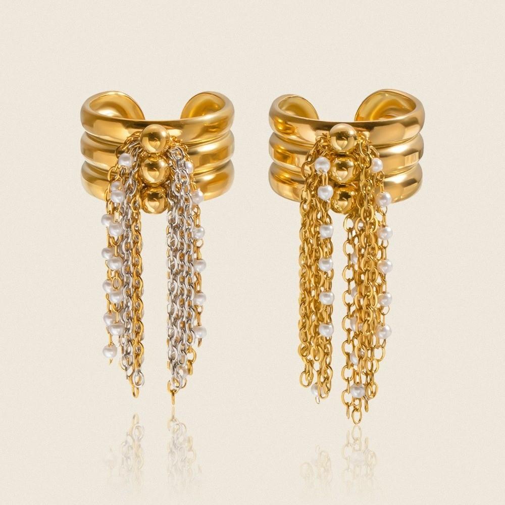 Three-Layer Tassel Ring Beaded Chain Open Finger Ring Gold Color Plated Ring Jewelry Accessories