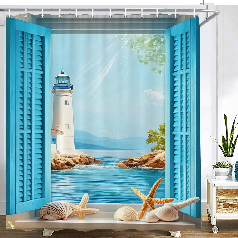 

The Scenery Outside The Blue Beach Window Shower Curtain Bath Curtain Printed Bathroom Curtains For Home Decoration Curtain W60H190(CM)-1 Pcs