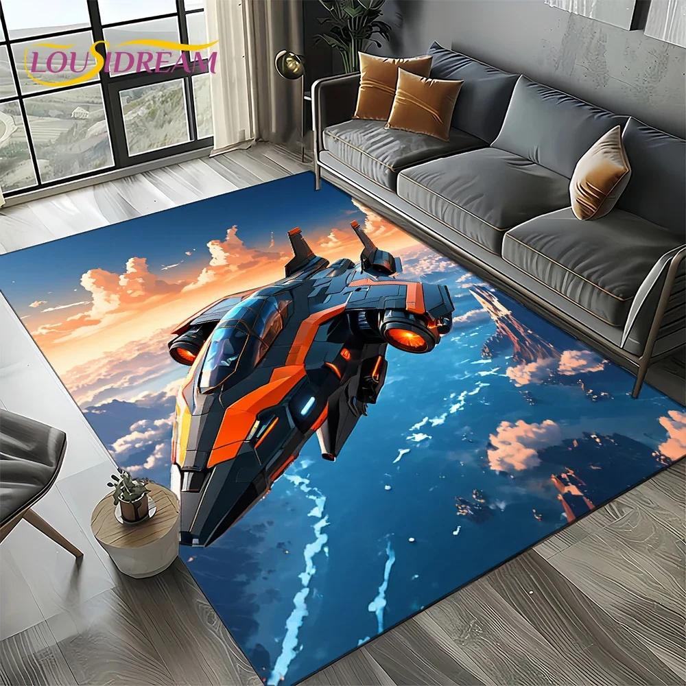 Cartoon 3D Space Spitfire Aircraft Air Force Jet Fighter Carpet Rug for Living Room Bedroom Sofa Decoration,Non-slip Floor Mat
