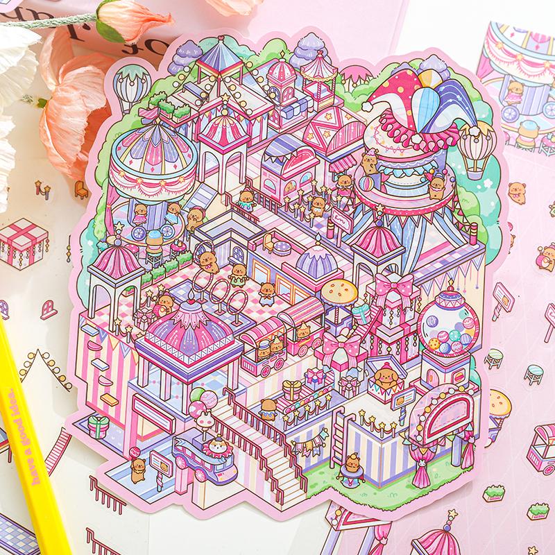 3Pack/9 Sheets Miniature Landscape 3D Stickers Cartoon PET Sticker for Children New Year Gift Stress Relief Scene Layout Sticker