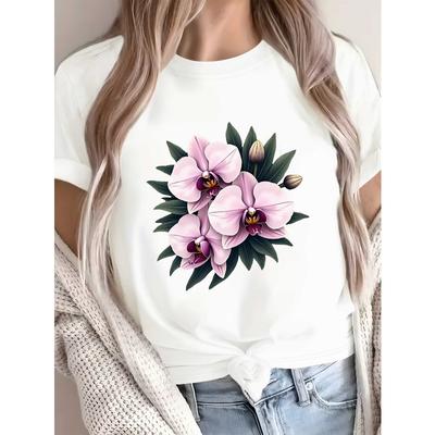 Europäische Größe Damen-T-Shirt mit Orchideenblüten-Print & asiatisch inspirierten rosa Orchideen - Kurzarm, Rundhalsausschnitt, lässiges Oberteil, weiße Bluse für Freizeitkleidung