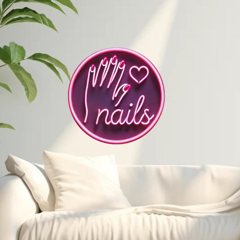 Pink Round Neon Nail Art Glow Wall Hanging Sign Non-Electric Sticker for Commercial Nail Bar Home Decor