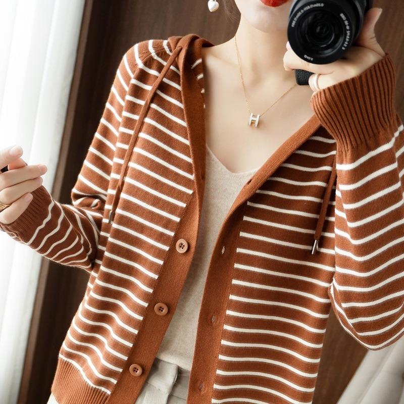 Hooded Knitted Sweater Autumn New Striped Long-sleeved Cardigan Jacket Loose Outer Top Women