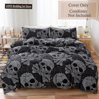 Bettbezug-Set Schwarz Totenkopf Skelett/Paisley Floral Gothic Luxus Weiches Bettwäsche-Set Bettdeckenbezug Halloween-Dekor,Queen-Size