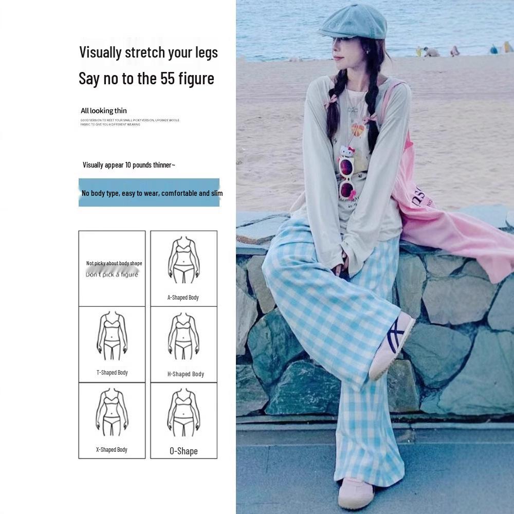 Women's Blue Plaid High-Waisted Loose-Fit Yamamoto Pants - Petite, Casual Wide-Leg, Spring/Autumn 2025 Collection.