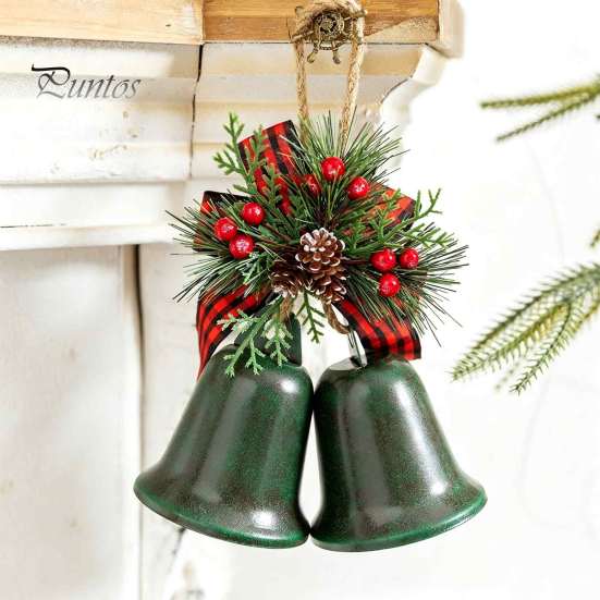 Handmade Style Christmas Tree Decor Bell Ornaments, Metal Double Jingle Bells Xmas Hanging Holiday Party Door Decoration with Pinecones Berries