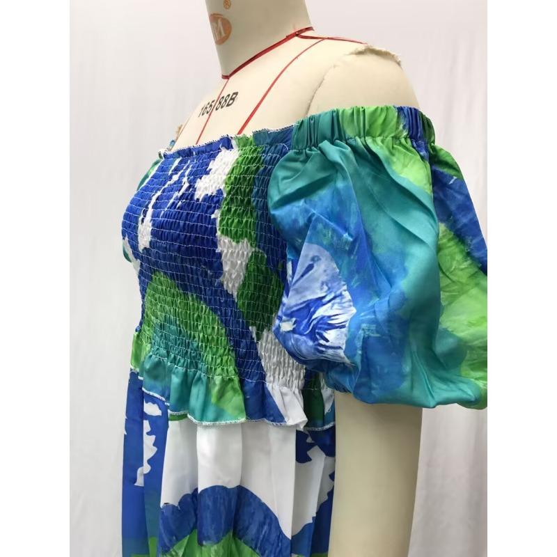 Women's Summer Bubble Sleeve Digital Printed Loose Long Dresses