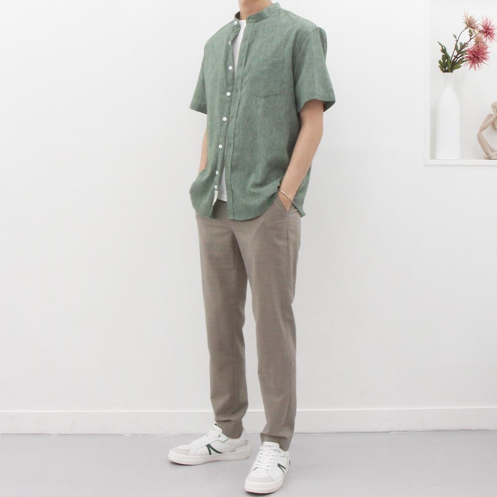 The Shirt Studio Green Short Sleeve Loose Fit Linen Blend Mandarin Collar Shirt 95