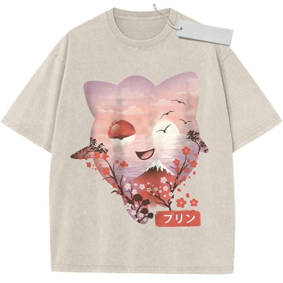Unisex Washed Pink Vintage T Shirt Pokmon Jigglypuff Scenic View High Quality Fabric for Home Leisure Travel Shopping