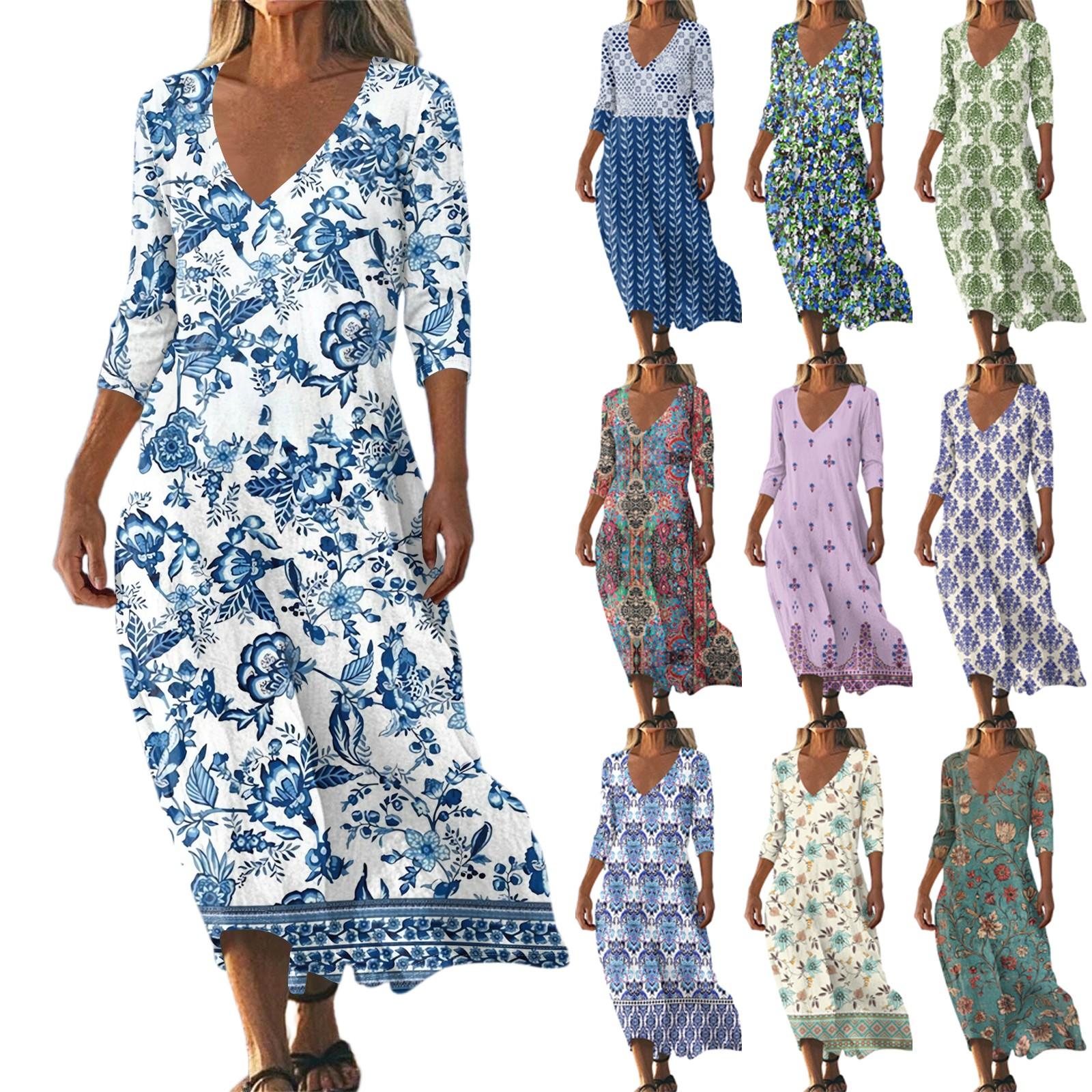 

Dresses For Womens Vintage Print Tunic Waisted Midi Dress Summer Casual 3/4 Sleeve Dress S