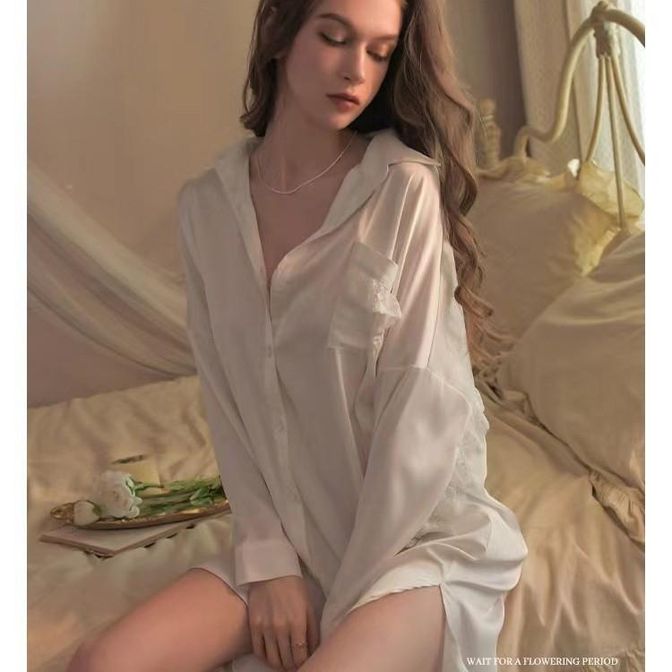 Ice silk nightdress women's pajamas spring and summer long-sleeved boyfriend thin top white shirt skirt sexy large size
