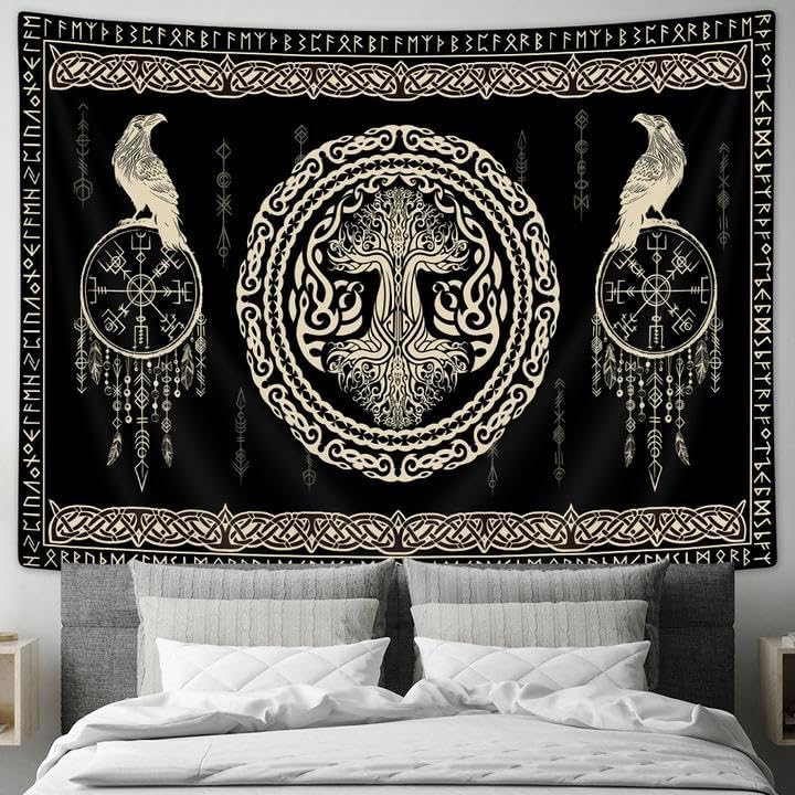 Norse Tapestry, Viking Tapestry Wall Hanging Raven Ancient Rune Dragon Totem Norse Mythology Tapestries, Black White Mystical Ge