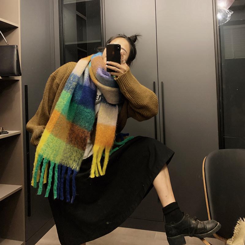 Ins Herbst und Winter Mohair Farbkombination Regenbogen Schal Damen Britischer Stil Unterwärme Langer Schal Student