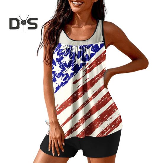 2 Teile/satz Frauen Tankini Set Amerikanischen Unabhängigkeit Tag Druck Weste Einfarbig Schwimmen Shorts Set Bademode