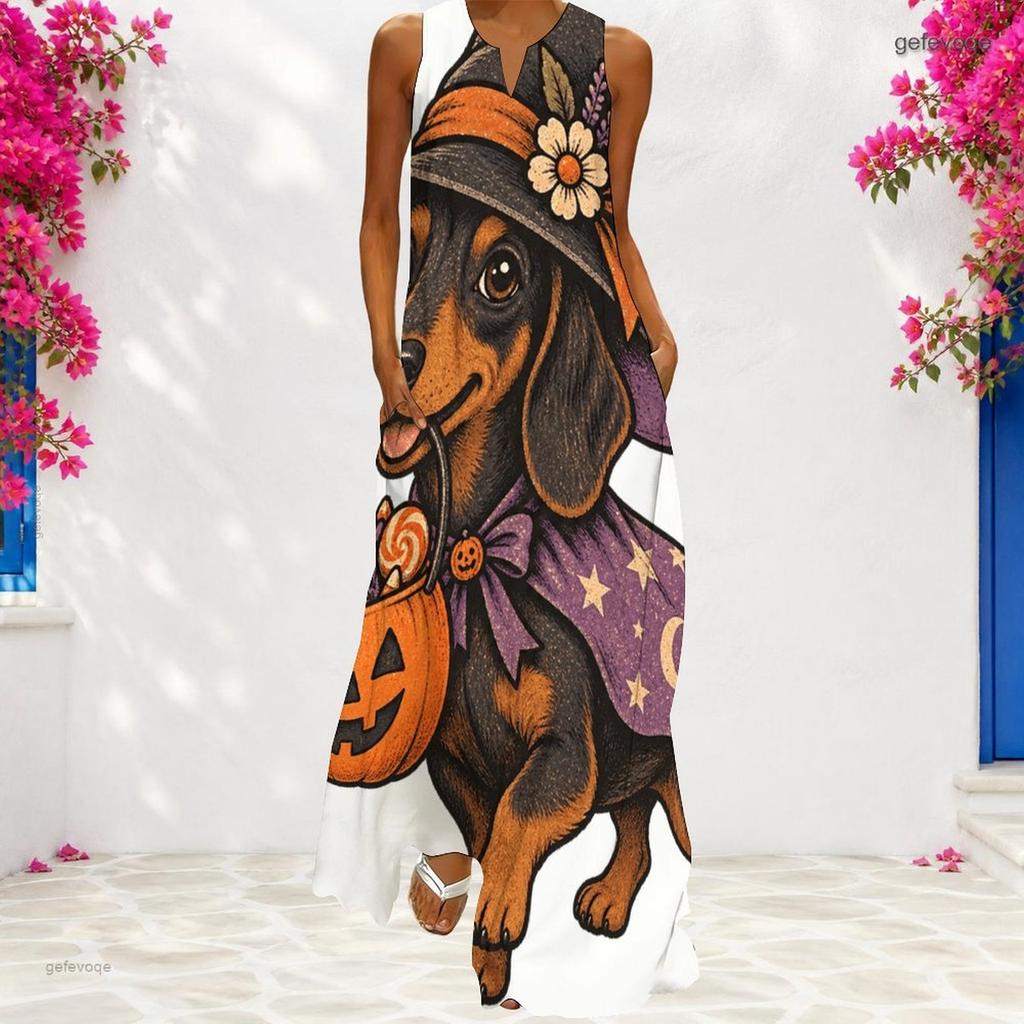 Women Plus Size Sleeveless Small V Neck Maxi Dress Cowboy Ghost Pumpkin Boot Print Loose Long Dress