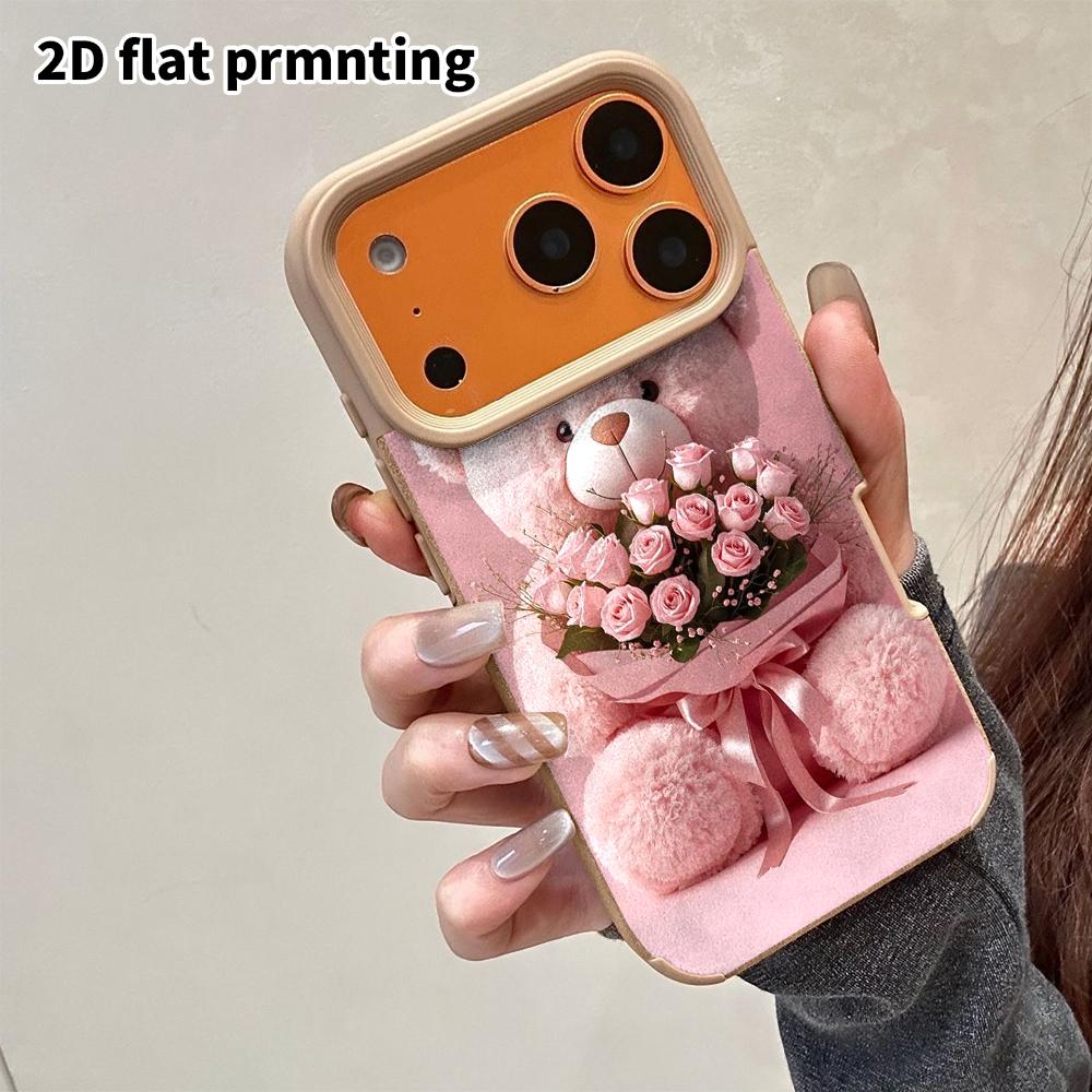 Phone Case: 2D Flat Lambskin Suitable for iPhone 18, 17, 16, 15, 14, 13 Pro Protective Case, Pink Teddy Bear, Christmas and Halloween Gift