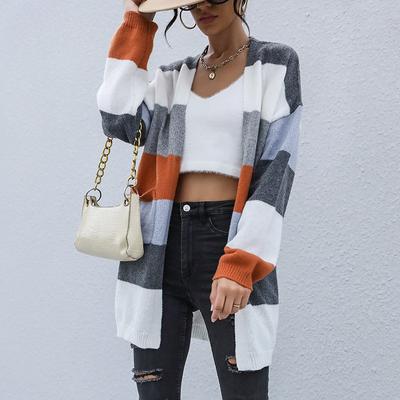 Casual Trend Versatile Autumn and Winter Casual Knitted Jacket Colorblocking Long-sleeved Sweater Cardigan Long Section