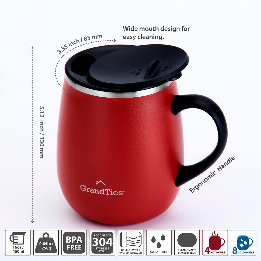 GRANDTIES Premium Vacuum Insulated 460ml Slide Lid Available in 19 Stainless Vacuum Keeps Drinks Hot or Cold Mug, - Easy-Open & Colors, Steel,