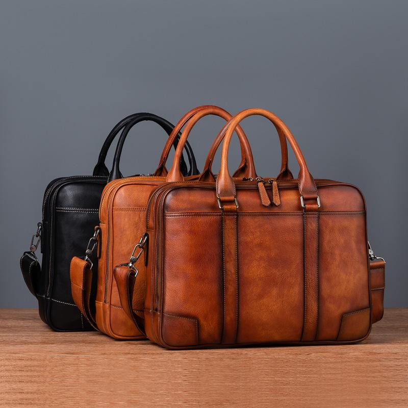 Multi Layer Official Document, Baotou Layer, Tree Height, Vegetable Tanned Cowhide, Retro Casual Briefcase
