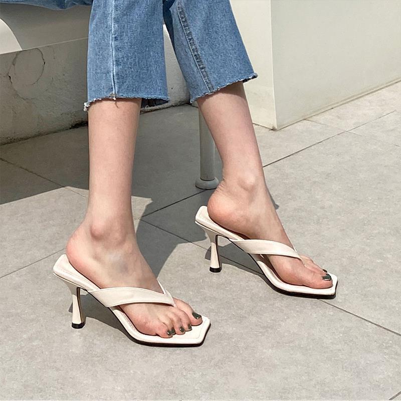 Square head white high-heeled flip-flops women's summer new temperament sexy stiletto toe slippers