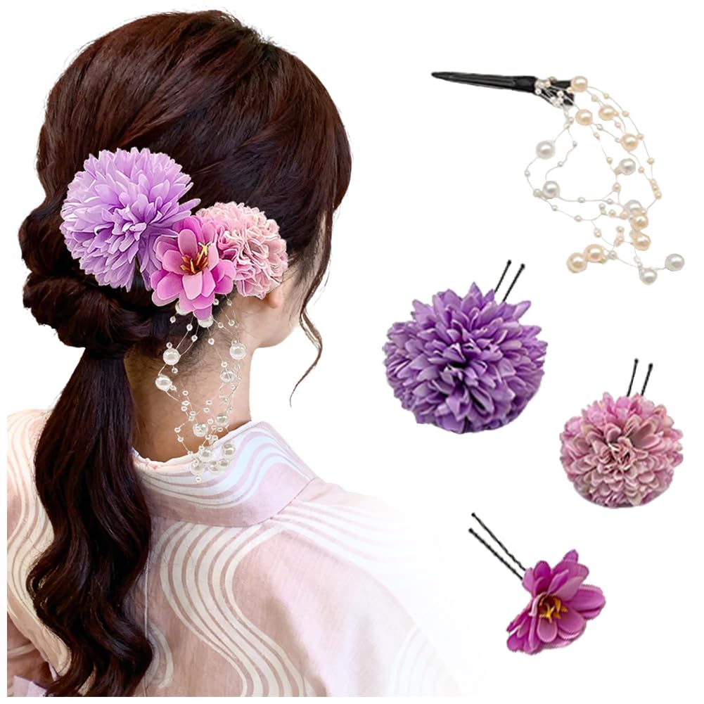 FASELE Japanese-style Hair Ornament Set: Artificial Flower Hairpins, U-pins, Pearl Fringe, Ping Pong Chrysanthemum Hair Clips, Popular for