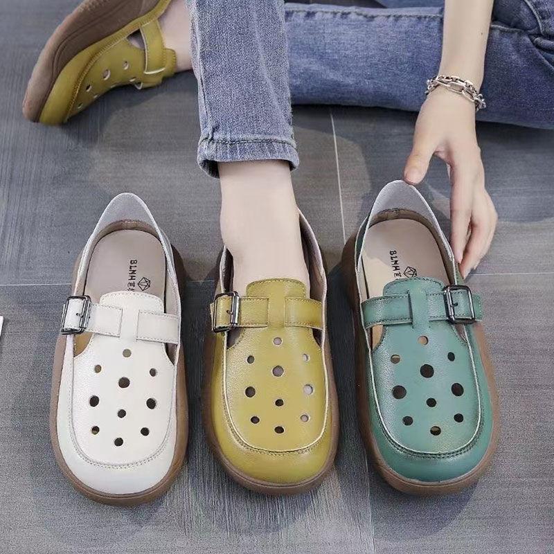 

Retro foreign style hollow soft leather Roman sandals women s summer new two-wear hole shoes casual single shoes 35